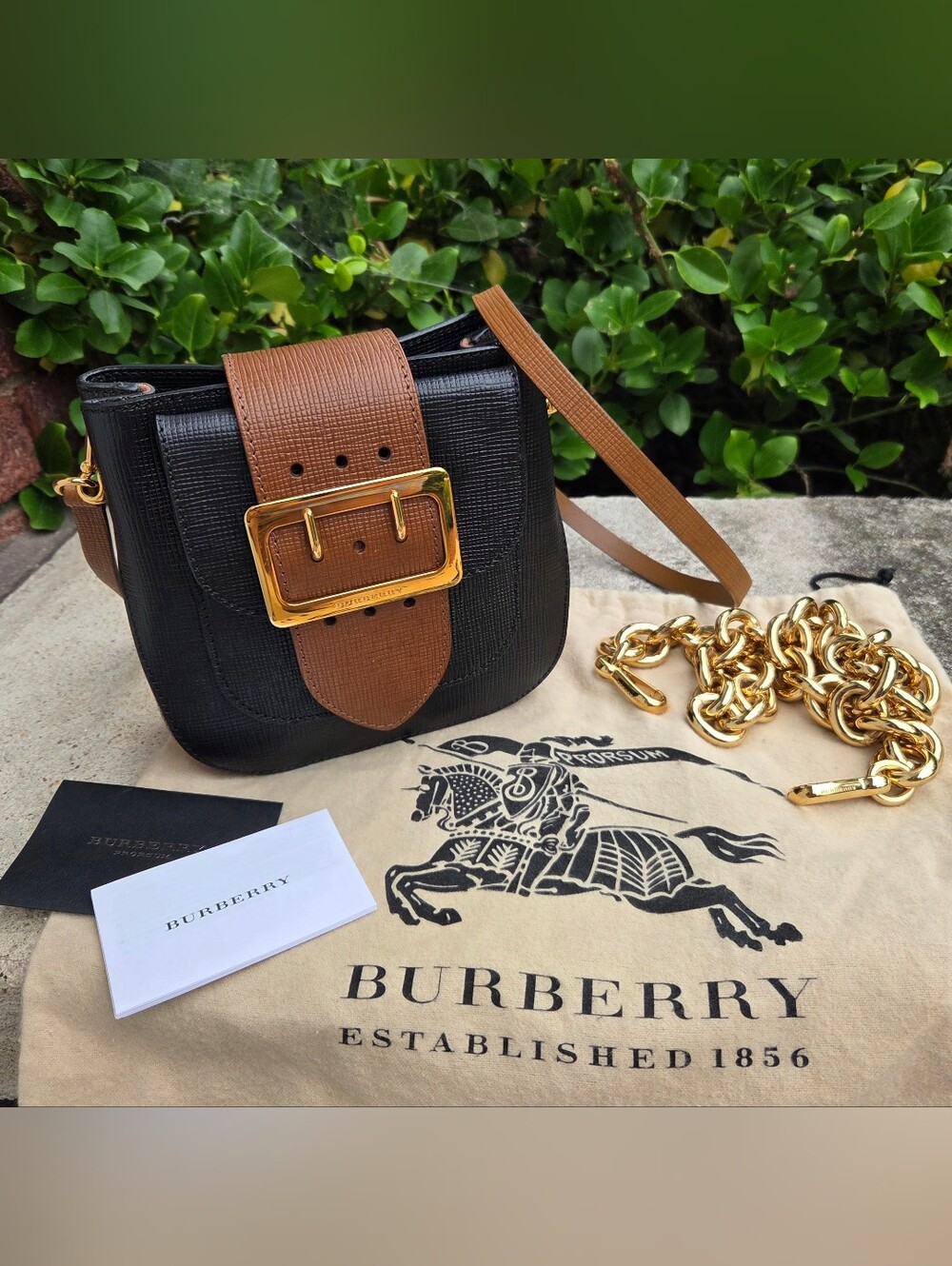 Burberry Black and Brown Leather Belt-Front Crossbody Bag